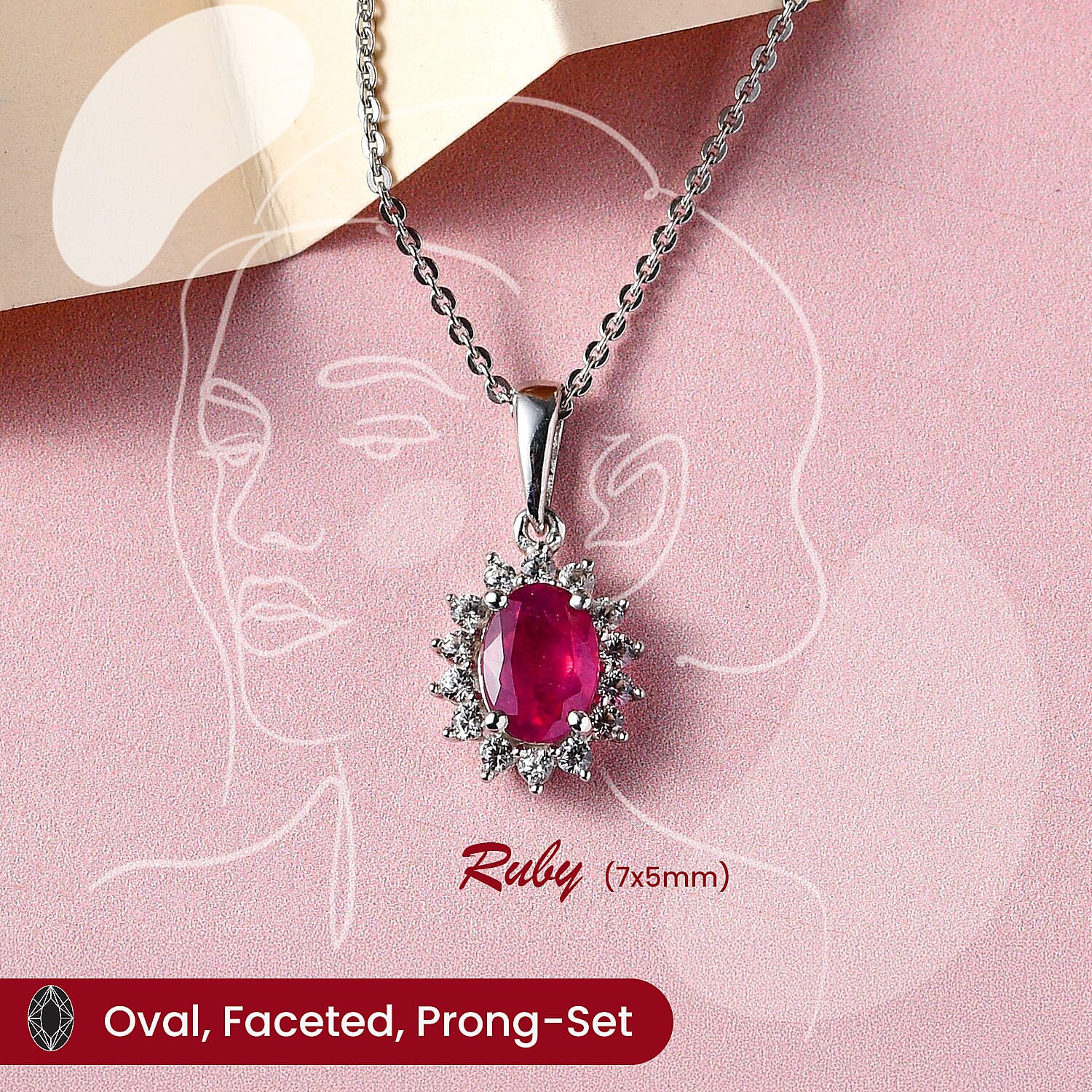 African Ruby and Natural Zircon Halo Pendant with Chain (Size - 20) in Platinum Overlay Sterling Silver 1.36 Ct